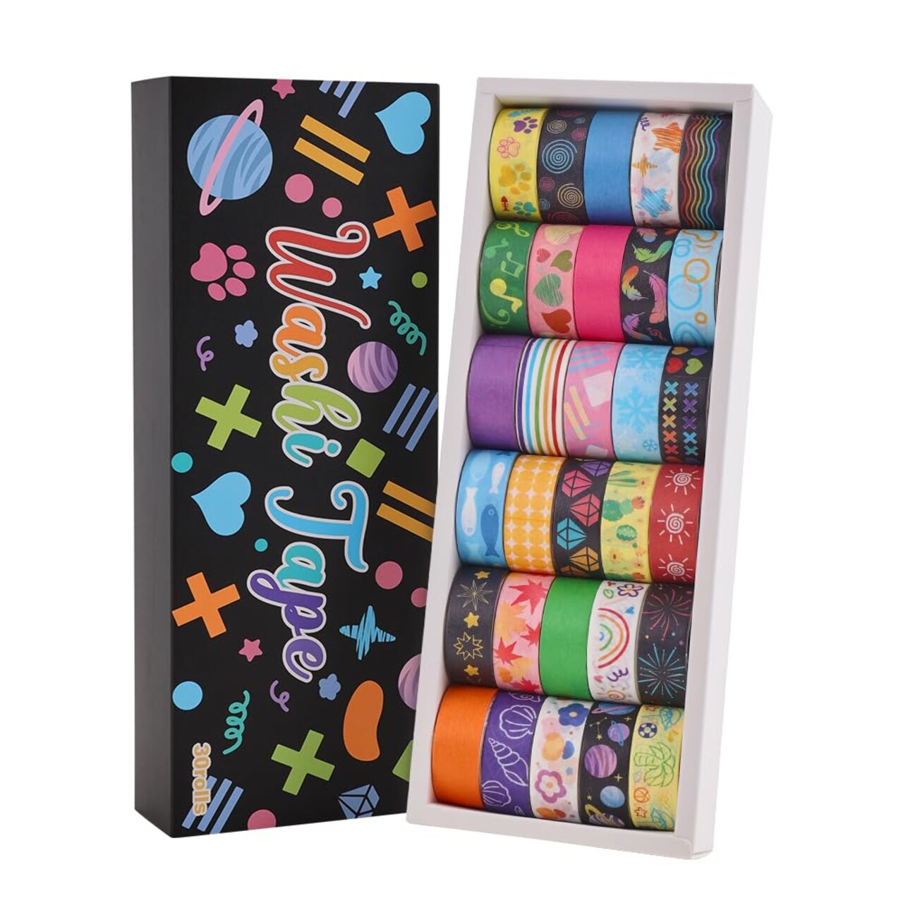 30 Rolls Colorful Theme Washi Tape Set with Different Colorful Patterns 10"L x 3.54"W x 1.57"Th
